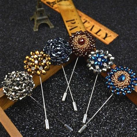 Fashion Crystal Flower Mens Brooches Long Brooch Pins Handmade Mens