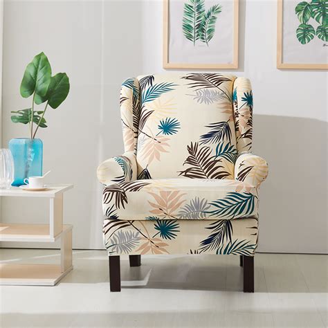Leaves Printed Stretch 2 Piece Wing Chair Cover Furniture