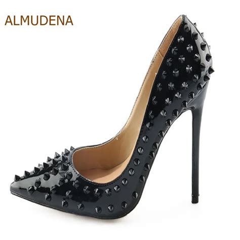 almudena hot sale black sexy rivets stiletto heels pointed toe patent leather dress pumps women