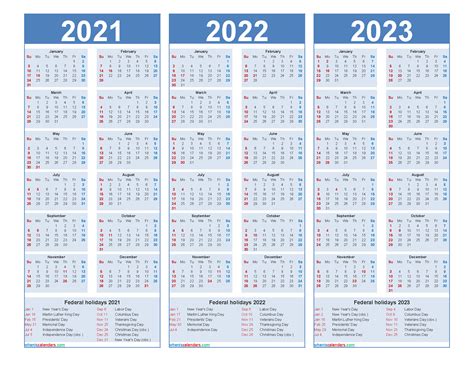 Free 2021 And 2022 And 2023 Calendar With Holidays All In One Photos