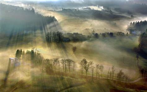 Nature Mist Landscape Sun Rays Villages Sunrise Forest Road