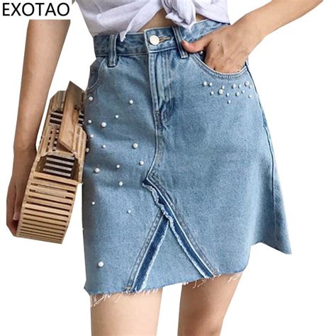 Exotao Design Pearl Decorated Denim Skirts For Women A Line High Waist Faldas Summer Mini Skirt