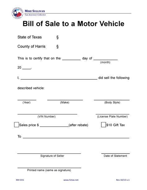 Free Harris County Texas Motor Vehicle Bill Of Sale Mv Pdf Docx