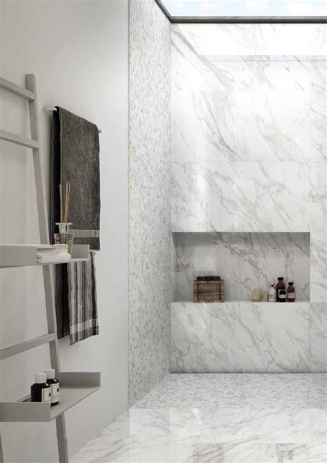 This Bathroom Has A Marble Look Porcelain Tile Called Carrara There Is