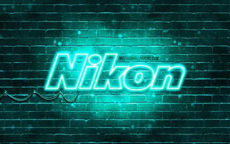 Download Wallpapers Nikon Turquoise Logo 4k Turquoise Brickwall