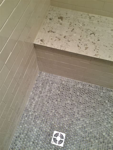 Grey Penny Tile Shower Floor Subway Tile With Grey Grout Stone Bench