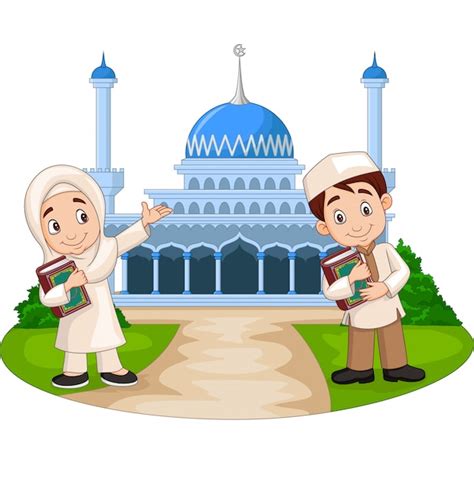 Enfants Musulmans Heureux De Dessin Animé Devant La Mosquée Vecteur