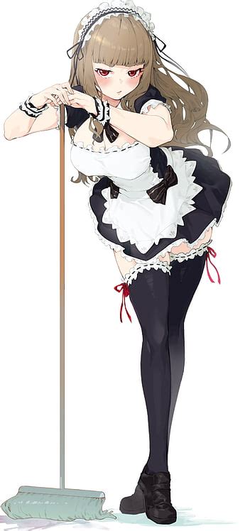 Maid Thigh Highs Simple Background Maid Outfit Brunette Red Eyes Anime Girls Hd Phone