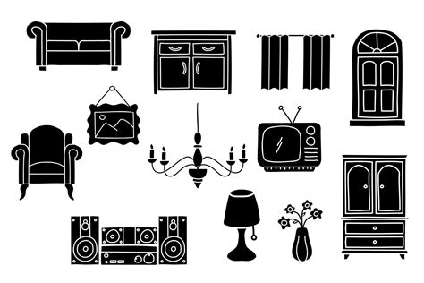 Interior Furniture Set Doodle Home Decoration Silhouette Sketch Style