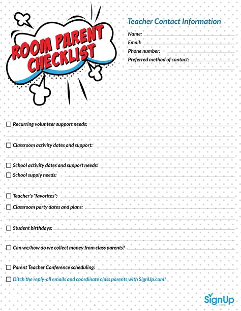 Free Printable Room Parent Checklist For Classrooms