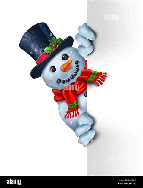 snowman peeking behind a blank white sign as a happy winter snow man character hiding behind a