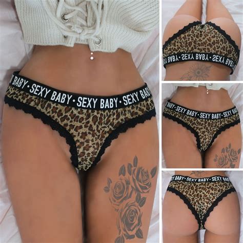 Women Thong Underwear Sexy Leopard Briefs Panties Lace Intimates Leopard Print Letter Panties In