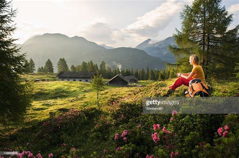 Austria Salzburg County Young Woman Sitting In Alpine Meadow And