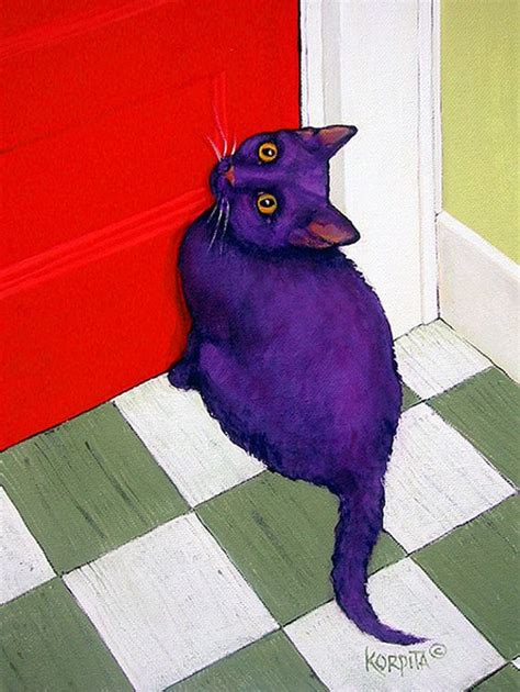 Funny Cat Art Purple Cat Cat Folk Art Red Door Colorful Etsy Cat