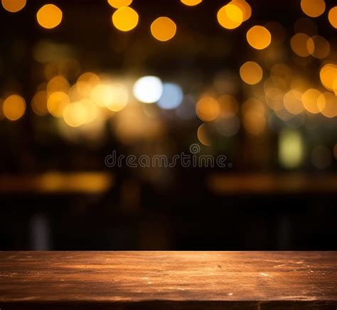 Empty Wood Table Top On Blur Light Gold Bokeh Of Cafe Restaurant Stock