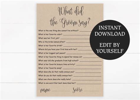 Bridal showers bring wedding flowers! EDITABLE What did the Groom say game template for Bridal Shower Rustic games Printable custom ...