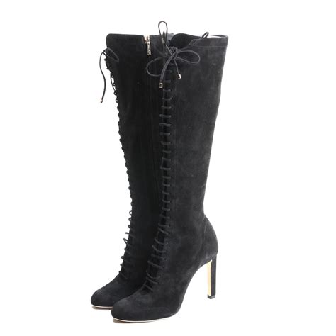 Jimmy Choo Black Suede Knee High Lace Up Boots With Susan Lucci Signed