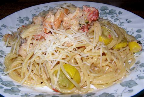 Transfer mixture to a greased 13x9x2 baking dish and cover with cheese. Wills Kitchen: Shrimp,Crab, Squash Pasta