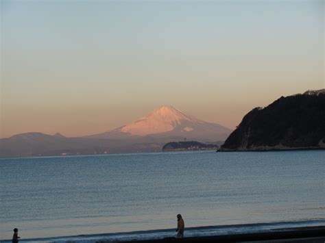 Mt Fuji And Enoshima Zushi Beach In A Winter Morning