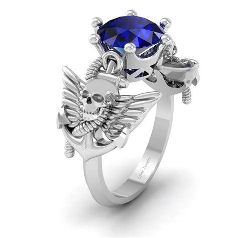 Sapphire Gothic Engagement Ring Nautical Anchor Skull Ring Womens