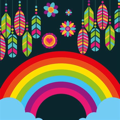 Hippie Rainbow Plumas Flores Boho Free Spirit Vector Premium