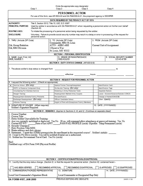 Personnel Action Form Army Army Military