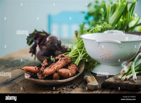 Farm fresh local market vegetables on farmhouse wooden table in sunny
