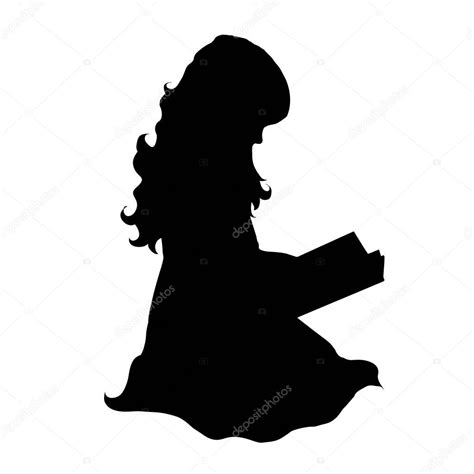 Vector Silhouette Little Girl Reading Book White Background — Stock