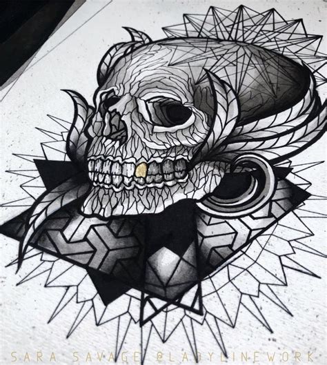 Geometric Skull Neo Traditional Tattoo Linework By Sara Savage Line