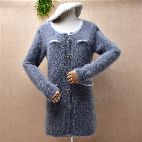 Ladies Women Fashion Grey Hairy Mink Cashmere Knitted Long Sleeves Slim Cardigan Angora Rabbit