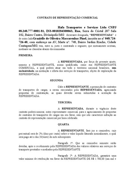 Contrato De RepresentaÇÃo Comercial Hafa Transportesdocx Direito
