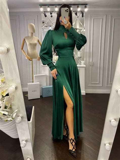 Emerald Green Silk Maxi Dress With Bishop Sleeves And Side Etsy
