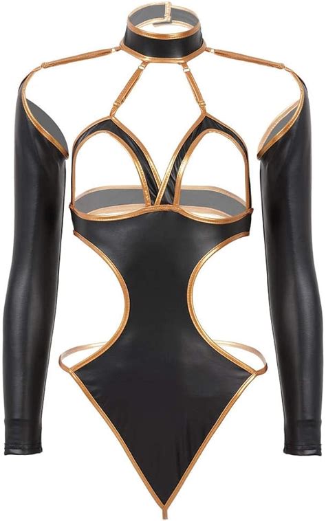 Womens Hollow Out Exotic Leather Bodysuit Catsuit Long Sleeve Backless