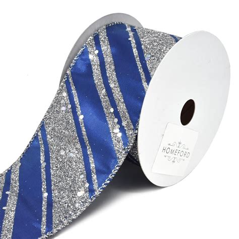 Royal Glitter Stripes Lame Wired Christmas Ribbon Royal Blue 2 12