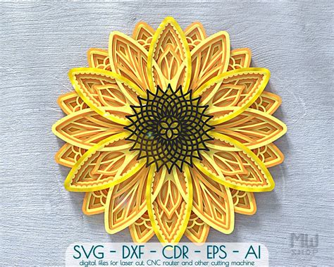 Layered Sunflower Svg 3d Svg Sunflower Mandala Multi Layer Etsy