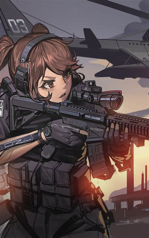 Download 1600x2560 Anime Military Girl Combat Vehicle Headphones