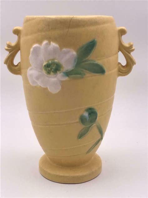 Vintage Weller Pottery Tall Yellow Vase White Floral Art Deco Ebay In
