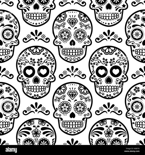 Mexican Sugar Skull Vector Seamless Pattern Halloween Candy Skulls