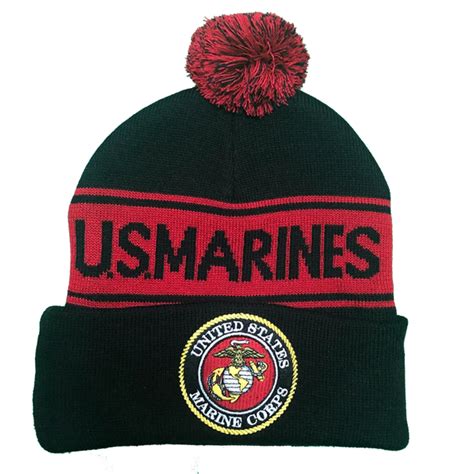 36237 Us Marines Knit Beanie Hat With Pom Pom Blackred Knit