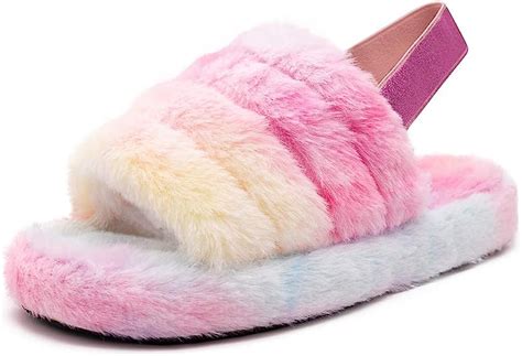 Womens Fuzzy Slide Slippers Soft Plush Wedge Sandals With