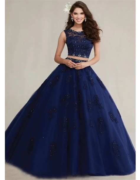 Newest Crystal Lace Royal Blue Sweet 16 Dresses Two Pieces Quinceanera