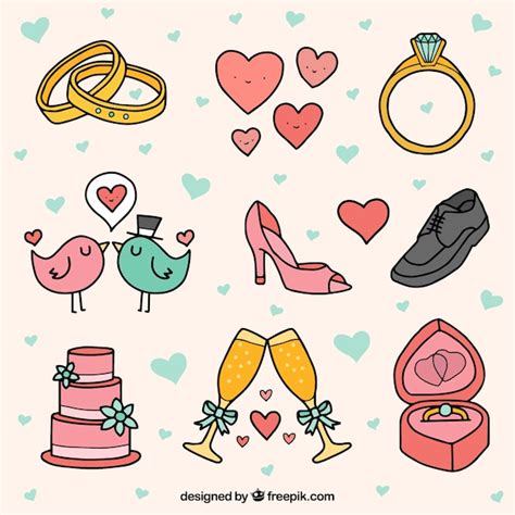 Premium Vector Selection Of Cute Wedding Objects In Hand Drawn Style