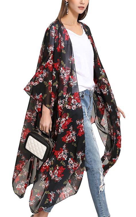 Hibluco Womens Sheer Chiffon Floral Kimono Cardigan Long Blouse Loose