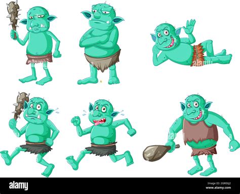 Set Of Green Goblin Or Troll In Different Poses In Cartoon Character