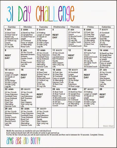 Mom Mart 31 Day Fitness Challenge Abs Arms And Booty Freeprintable