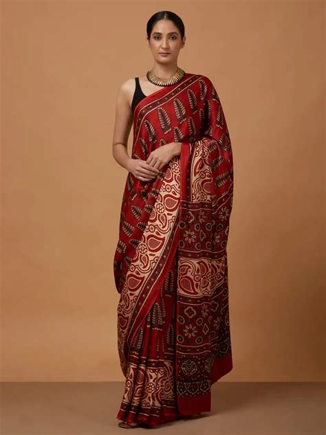 Buy Red Ajrakh Hand Block Printed Modal Silk Saree Online At Theloom