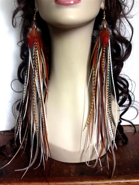 Handmade Thick Long Feather Earrings Fiery Brown Goddess