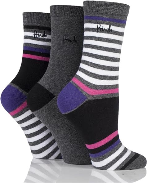 Ladies 3 Pair Pringle Fatima Mixed Stripe And Plain Cotton Socks Charcoal 4 8 Amazonca