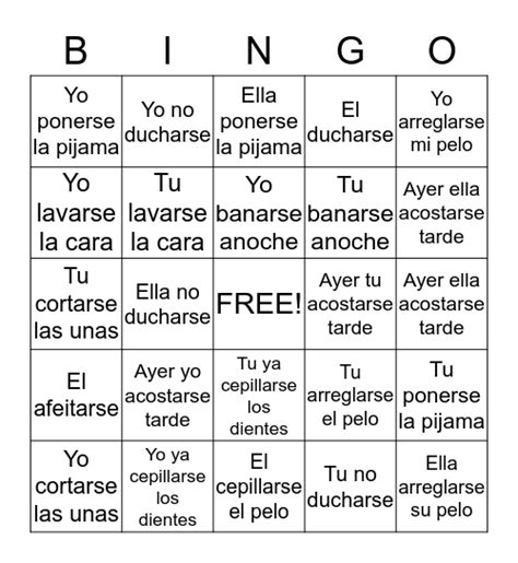 Verbos Reflexivos Pasado Metesenososse Bingo Card