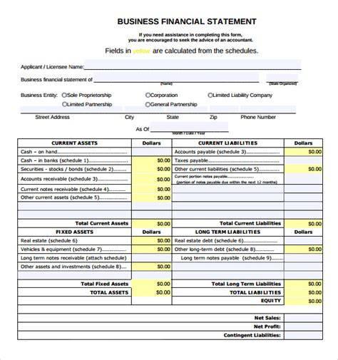 Free Printable Business Financial Statement